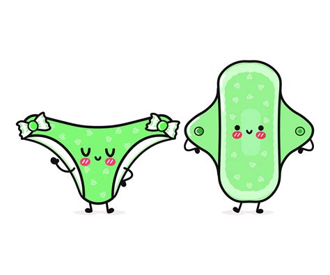 Cute Funny Happy Green Panties And Menstrual Pad Vector Hand Drawn