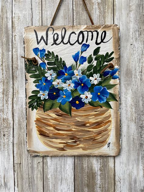 Hand Painted Slate Welcome Sign, Welcome sign, Garden decoration ...