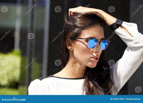 Business Woman With Blue Mirrored Sunglasses Stock Image Image Of Center Elegance 52201443