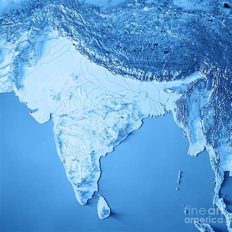 India 3d Render Topographic Map Blue Digital Art By Frank Ramspott