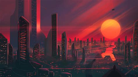 Science Fiction Sunset Red Futuristic Joeyjazz Cityscape Hd