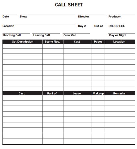 Free 10 Sample Call Sheet Templates In Ms Word Pdf