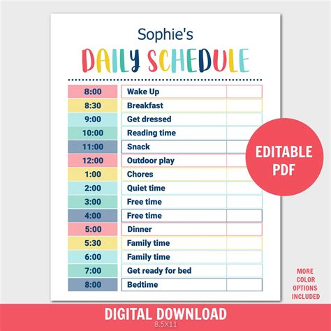 Editable Daily Schedule For Kids