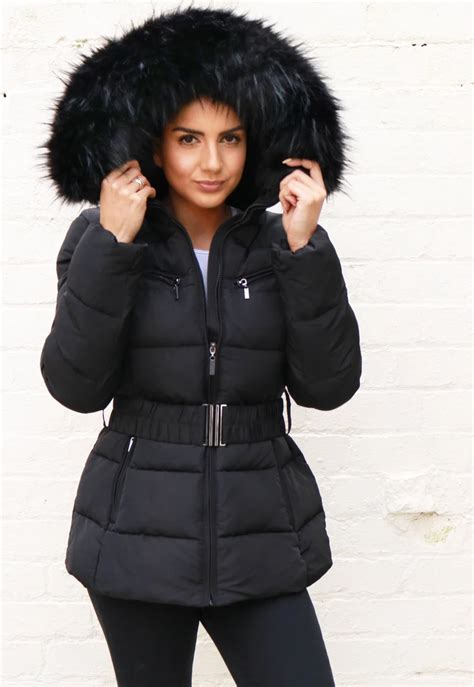 harper luxe quilted longline hooded puffer coat with faux fur trim and belt in black puffer coat