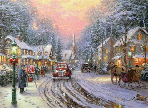 A Painting Of A Christmas Scene With Horse Drawn Carriages