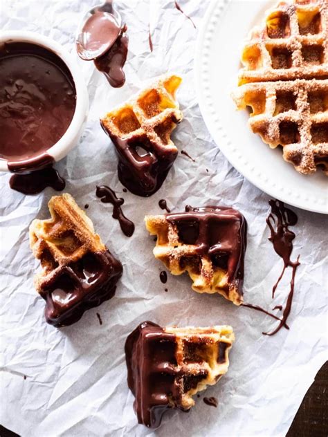 Churro Waffles With Chocolate Sauce Whisked Away Kitchen Recipe In