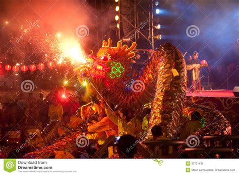 Golden Dragon Dancing In Chinese New Year Editorial Stock Image