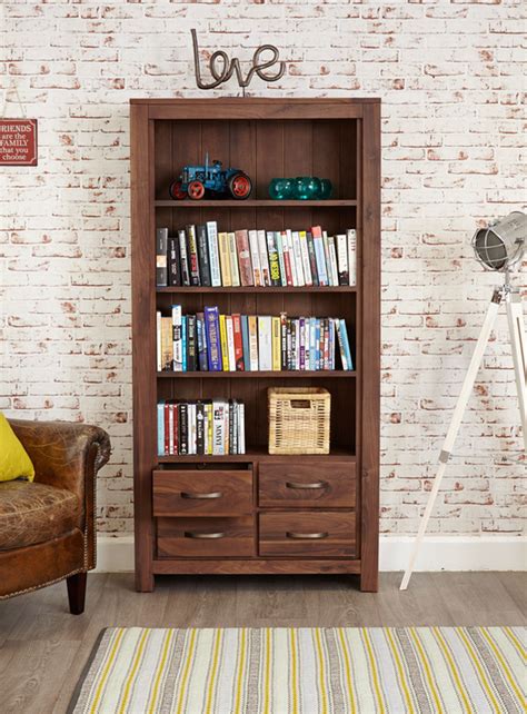 The design possibilities of large bookcases are numerous, which is why attempting to decorate one may be overwhelming. Mayan Walnut Large Bookcase 4 Drawer Rustic Design ...