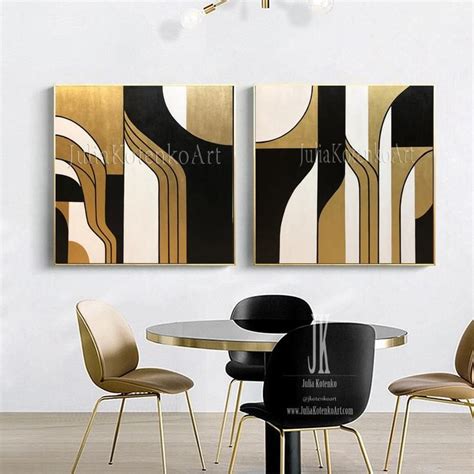 Large Gold Leaf Wall Decor Set Minimalist Painting Geometric Canvas