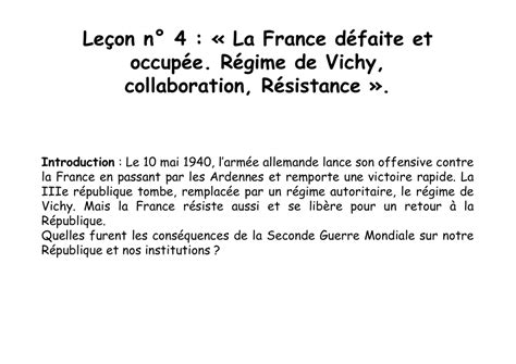 Lecon N La France Defaite Et Occupee Regime De Vichy Collaboration