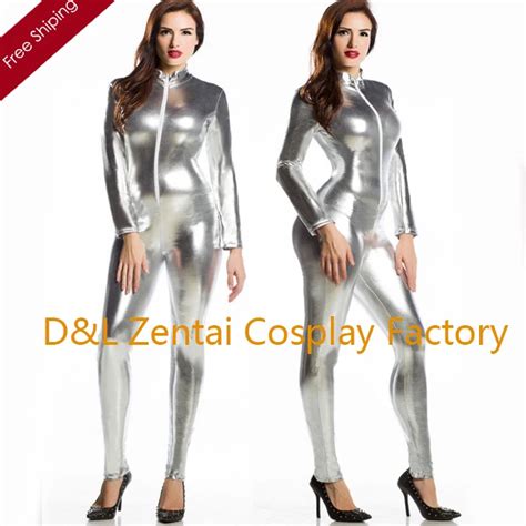 Free Shipping Dhl Sexy Lovely Shiny Metallic Silver Zentai Catsuit Zipper In Front Sm103 Zentai