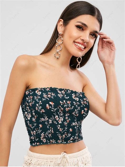 17 Off 2021 Zaful Tiny Floral Smocked Tube Top In Medium Sea Green
