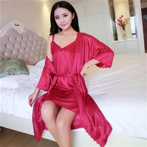 2017 Pyjamas Women Ice Silk Smooth Lace Robe Sets Night Gown 2 Piece Dress Camisole Spring