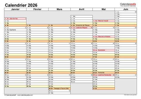Calendrier 2026 Excel Word Et Pdf Calendarpedia