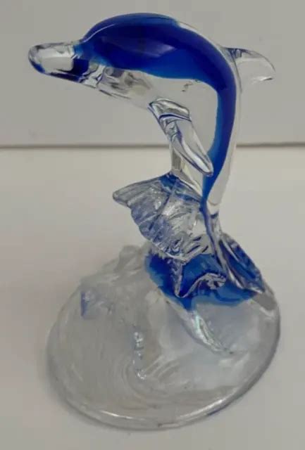 Cobalt Blue Clear Art Glass Dolphin Porpoise Wave Paperweight Figurine