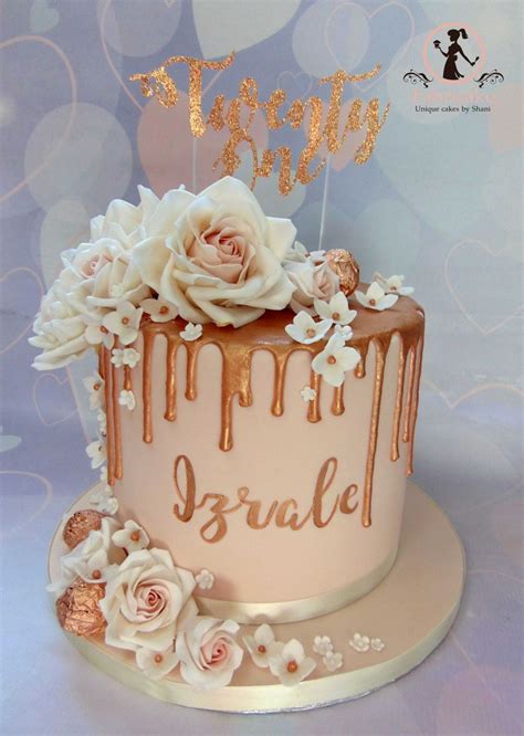 Ladies Gold Drip Cake With Silk Roses 30th Birthday C