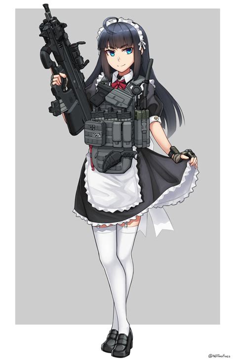 Safebooru 1girl Absurdres Apron Assault Rifle Bangs Black Dress Black Footwear Black Hair Blue