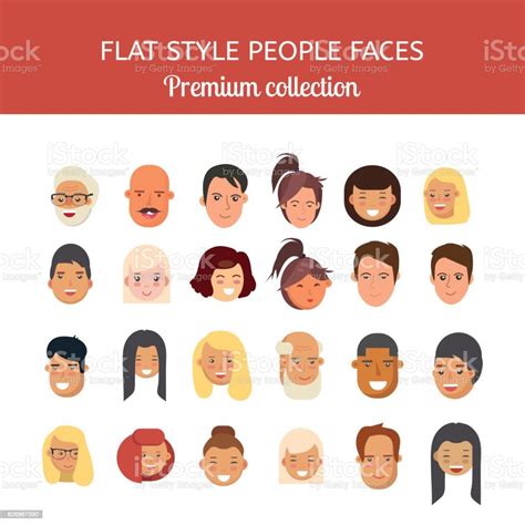 People Faces Vector Set Flat Style Heads Premium Collection Stock