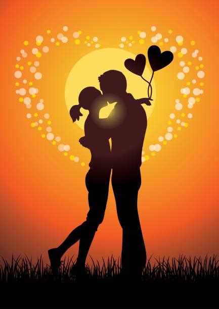 Best Silhouette Of The Romantic Couple Kissing Sunset Illustrations Riset