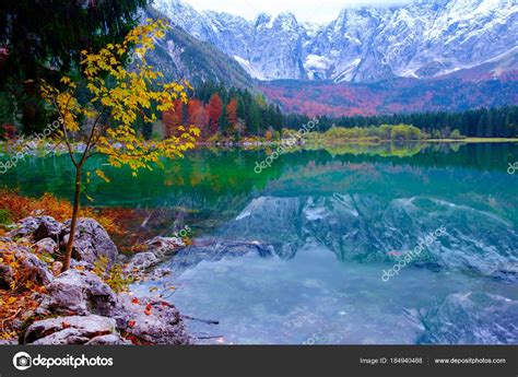 Beautiful Lago Di Fusine Mountain Lake In Autumn And Mangart Mou