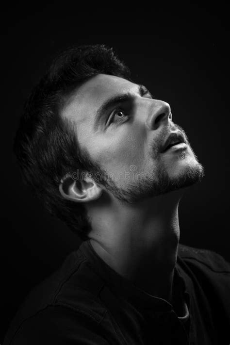 Handsome Young Caucasian Man Dramatic Portrait In Black And White Stock