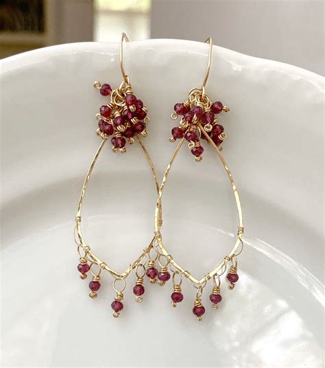 Garnet Chandelier Earrings Gold Filled Gemstone Hoops Etsy