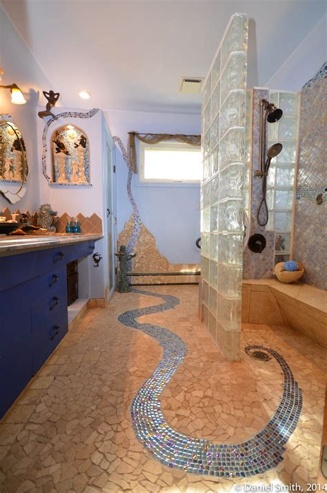 Mermaid Bathroom With Undersea Tile On Floor And Walls Also Includes A Barrier Free Roll In