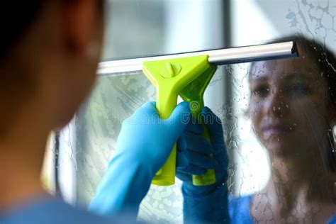 Woman Washing Windows At Home Stock Image Image Of Housecleaning