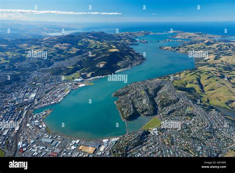 Dunedin and Otago Harbour, Otago, South Island, New Zealand - aerial ...