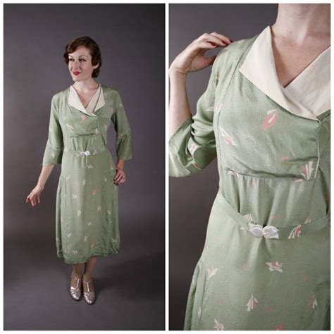 Vintage 1930s Dress Printed Green Silk Early 30s Silk Dress Etsy