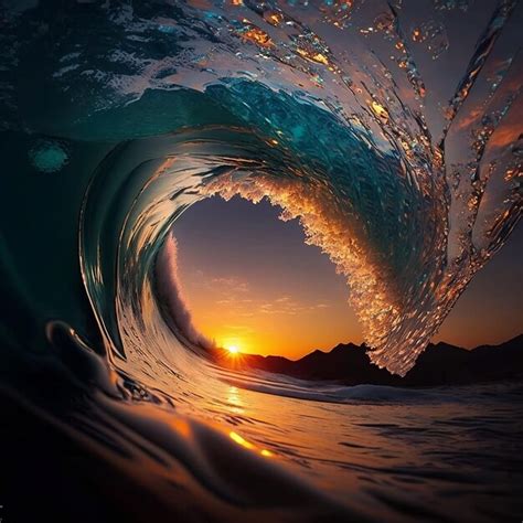Premium Ai Image Colorful Ocean Wave Sea Water In Crest Shape Sunset