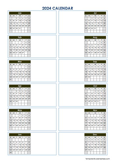 2024 Blank Yearly Calendar Template Vertical Design Free Printable