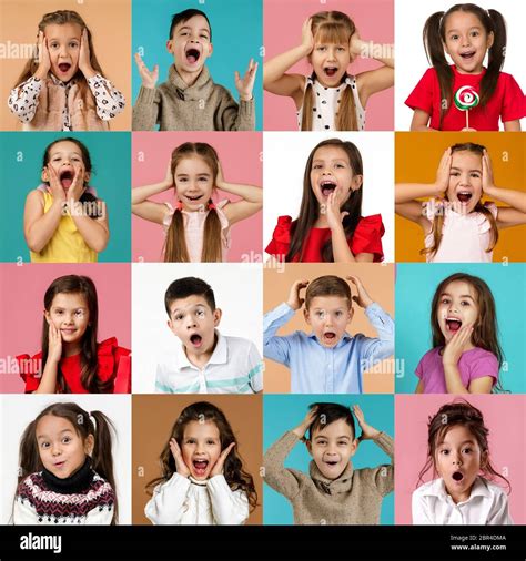 Collage Of Happy Surprised Faces Of Kids Smiling Child Girls And Boys