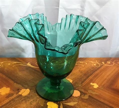 Vintage Hand Blown Art Glass Green Glass Footed Vase With Crimped Edges
