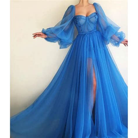 Blue Prom Dresses 2020 Sweetheart Puffy Sleeves Tulle Appliques Beaded Sexy Evening Party Dress