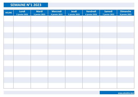 Semaine 1 2023 Dates Calendrier Et Planning Hebdomadaire à Imprimer