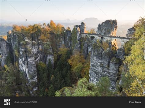 Bastei Bridge In Saxon Switzerland National Park Germany Stock Photo