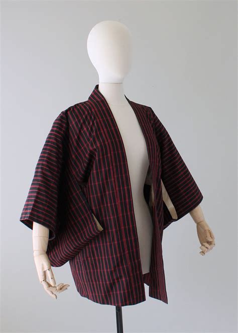 Vintage 1960s Red And Black Check Haori Kimono Jacket Raleigh Vintage