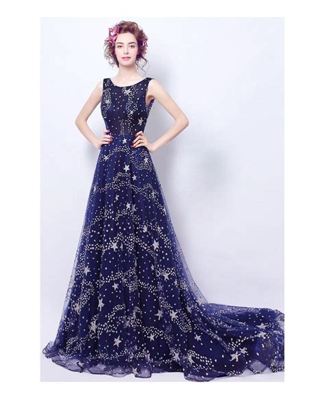 Sparkly Starry Dark Blue Long Formal Prom Dress With Train Wholesale