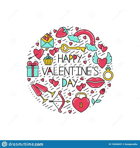 Red rose is believed to be flavoured by the roman goddess of love. Valentine`s Day Symbols In A Circle For A Postcard. Stock ...