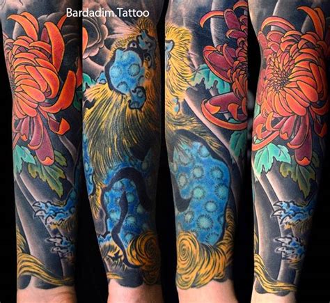 Shishi Lion And Chrysanthemum Japanese Tattoo Cover Up