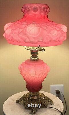 antique red satin glass embossed roses    wind parlor banquet lamp