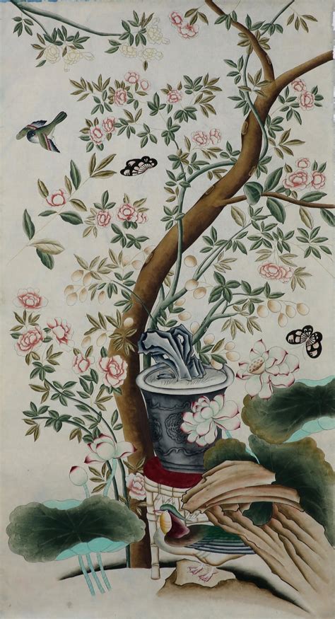 Chinoiserie Hand Painted Wallpaper Panels Of Birds In A