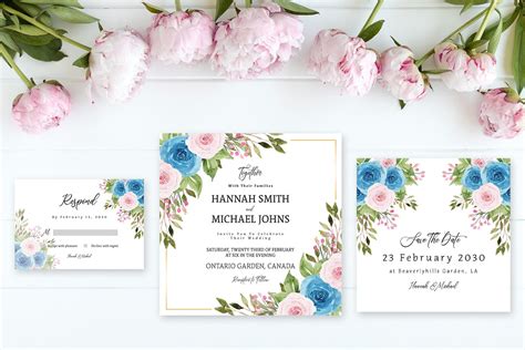 Lovely Blue And Pink Roses Floral Wedding Invitation Set