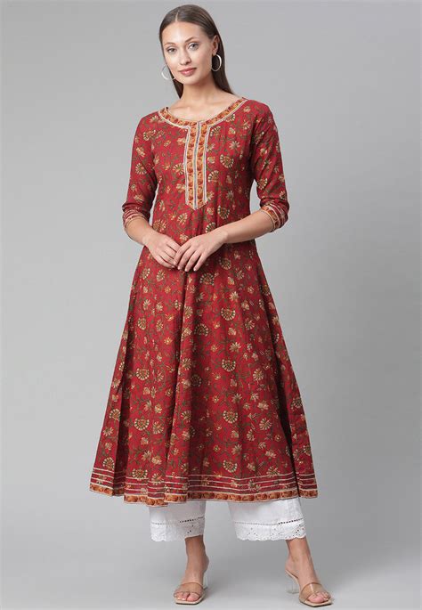 Buy Printed Cotton Anarkali Kurta In Maroon Online Tkv240 Utsav Fashion