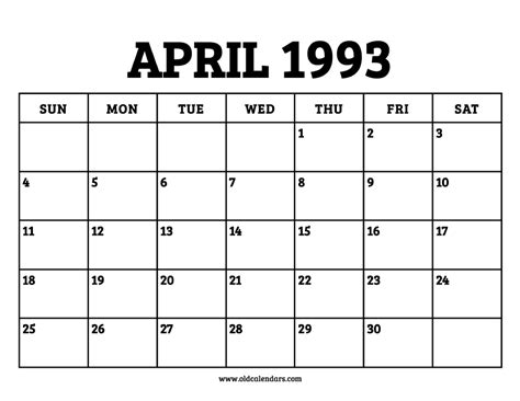 Calendar April 1993 Printable Old Calendars
