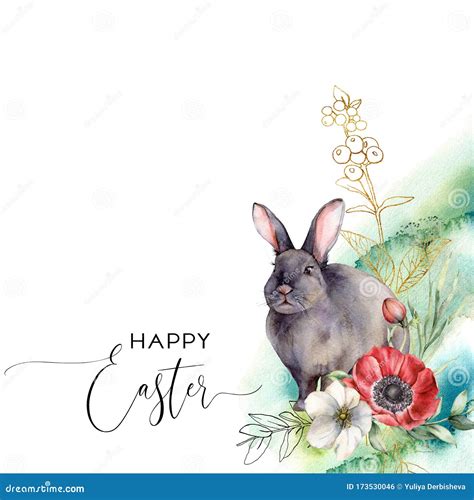 Watercolor Easter Card With Flowers And Rabbit Hand Painted Anemones