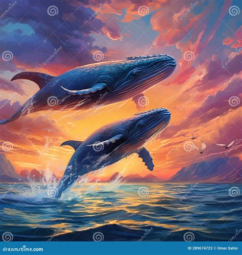 Group Of Majestic Blue Whales Swimming Among Cloud Formations Stock