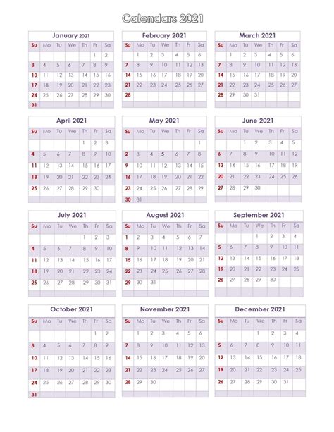 👉 56 Design Printable Calendar 2021 One Page Yearly Calendar Blank