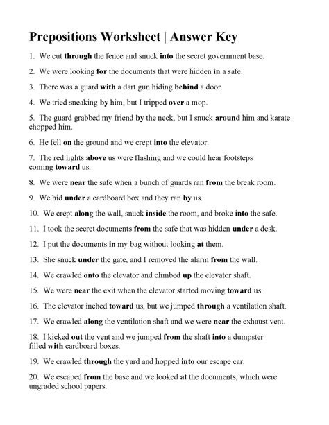 Prepositions Worksheet With Answers